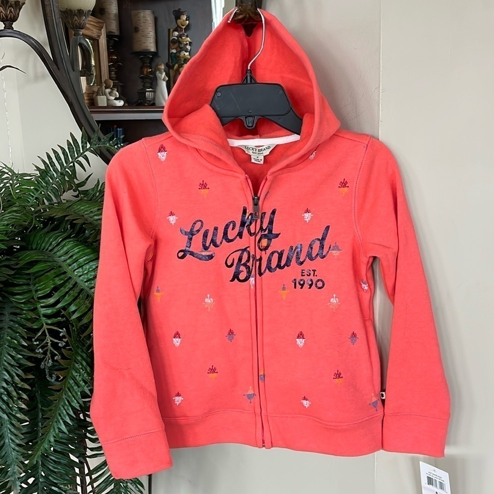 Brand New Lucky Brand Zip Up Hoodie Sweatshirt Coral Orange Logo Boho Graphics